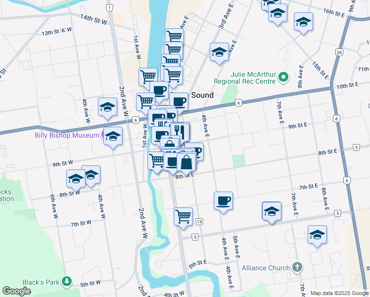 map of restaurants, bars, coffee shops, grocery stores, and more near 299 9th Street East in Owen Sound