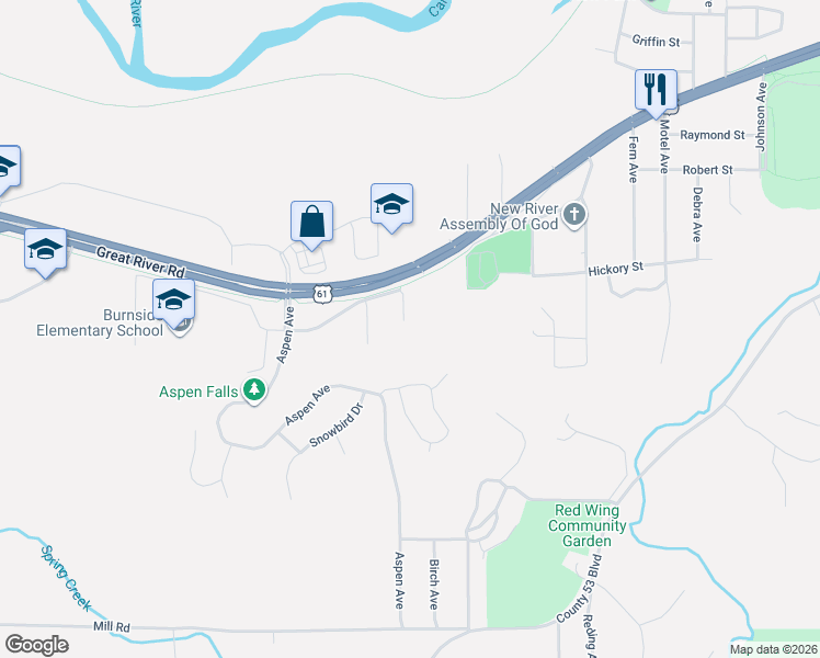 map of restaurants, bars, coffee shops, grocery stores, and more near 155 Kingswood Drive in Red Wing