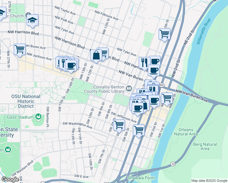 map of restaurants, bars, coffee shops, grocery stores, and more near Northwest Monroe Avenue in Corvallis