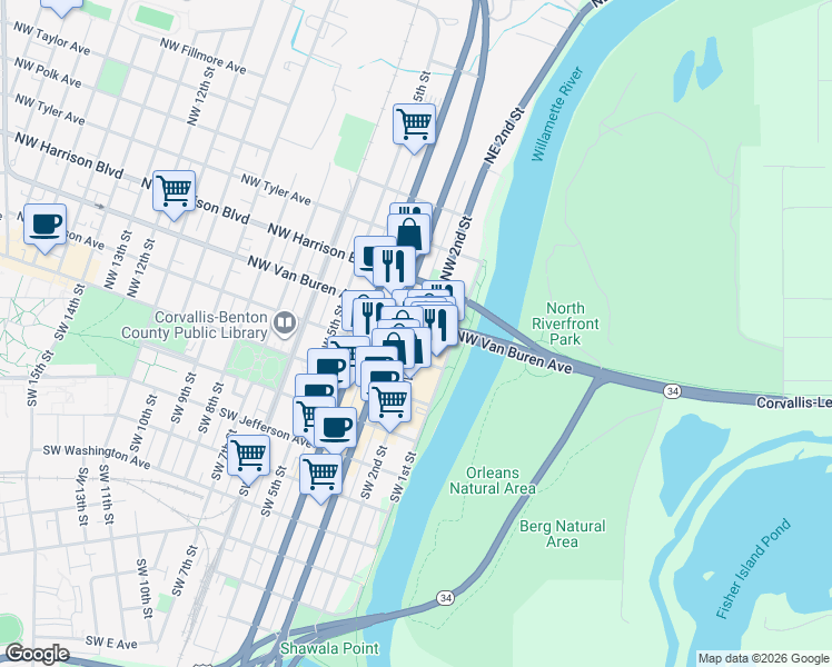 map of restaurants, bars, coffee shops, grocery stores, and more near 257 Northwest Van Buren Avenue in Corvallis