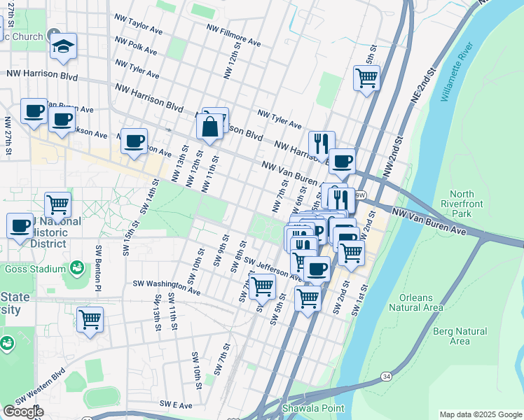 map of restaurants, bars, coffee shops, grocery stores, and more near 198 Northwest 8th Street in Corvallis