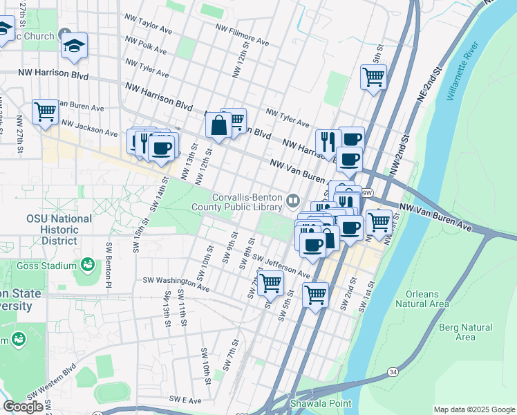 map of restaurants, bars, coffee shops, grocery stores, and more near 119 Northwest 9th Street in Corvallis