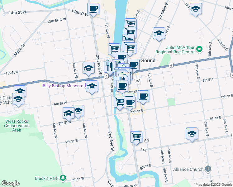 map of restaurants, bars, coffee shops, grocery stores, and more near 954 1st Avenue West in Owen Sound