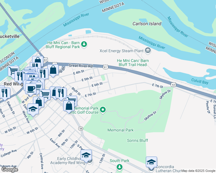 map of restaurants, bars, coffee shops, grocery stores, and more near 526 Centennial Street in Red Wing