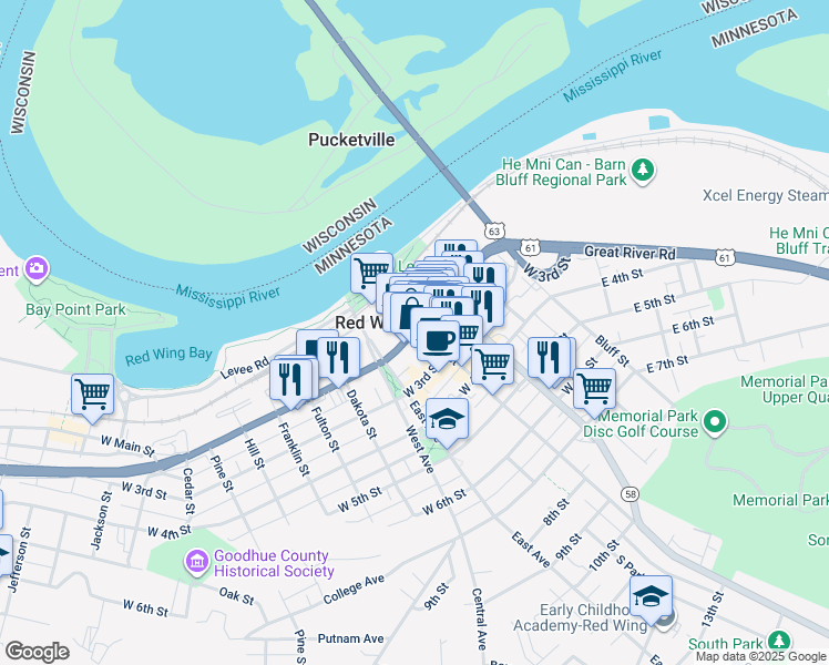 map of restaurants, bars, coffee shops, grocery stores, and more near 318 Main Street in Red Wing