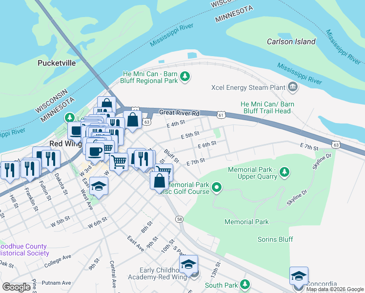 map of restaurants, bars, coffee shops, grocery stores, and more near 241 East 5th Street in Red Wing