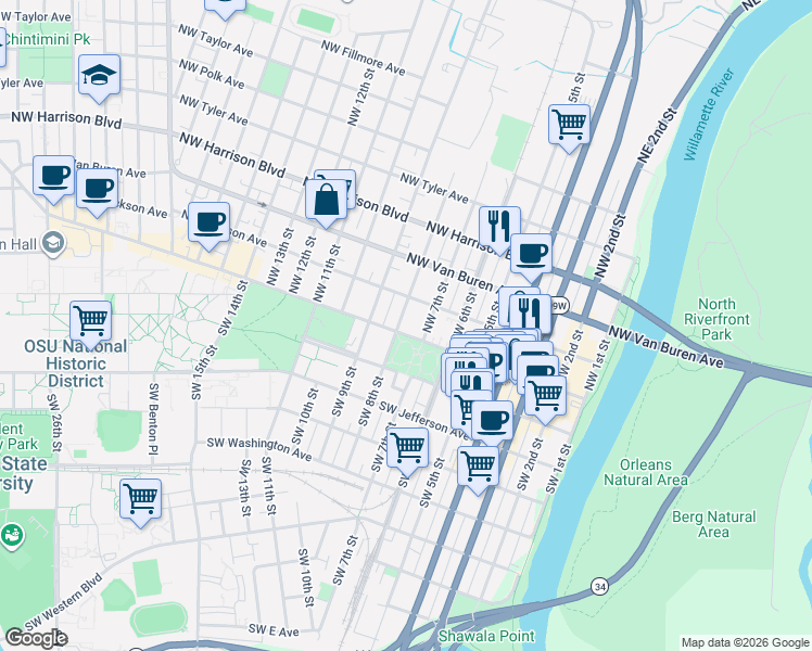 map of restaurants, bars, coffee shops, grocery stores, and more near 757 Southwest Monroe Avenue in Corvallis