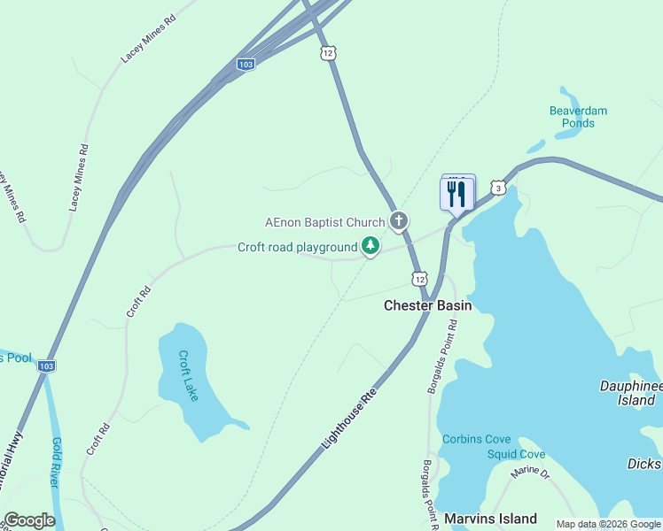 map of restaurants, bars, coffee shops, grocery stores, and more near 63 Croft Road in Chester Basin