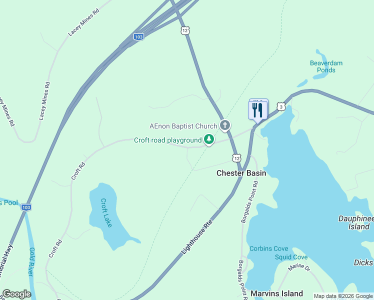 map of restaurants, bars, coffee shops, grocery stores, and more near 52 Croft Road in Chester Basin
