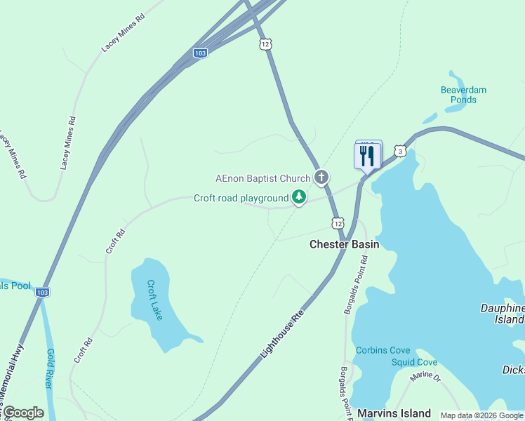 map of restaurants, bars, coffee shops, grocery stores, and more near 63 Croft Road in Chester Basin