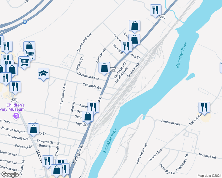 map of restaurants, bars, coffee shops, grocery stores, and more near 3 Canabas Avenue in Waterville