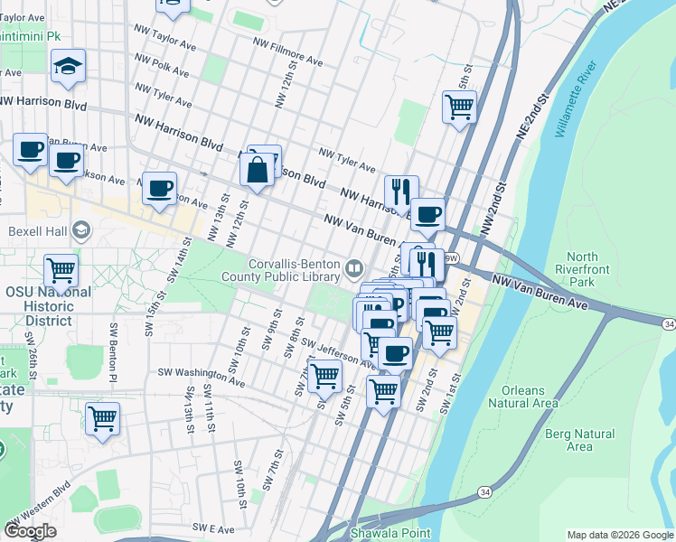map of restaurants, bars, coffee shops, grocery stores, and more near 124 Northwest 7th Street in Corvallis