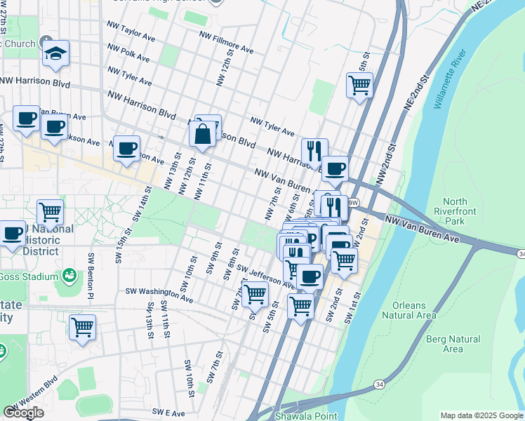 map of restaurants, bars, coffee shops, grocery stores, and more near 198 Northwest 8th Street in Corvallis