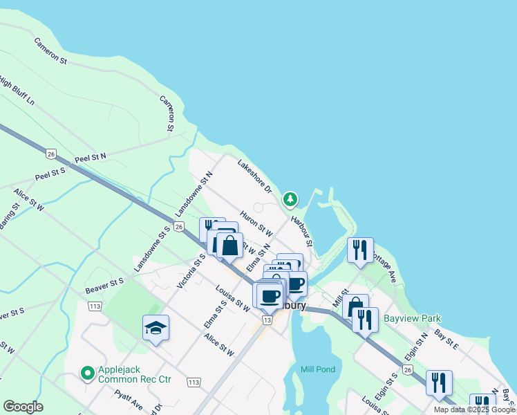 map of restaurants, bars, coffee shops, grocery stores, and more near 76-60 Bay Street West in Thornbury