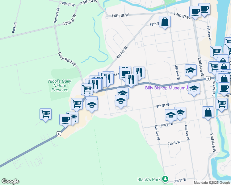 map of restaurants, bars, coffee shops, grocery stores, and more near 730 Ontario 6 in Owen Sound