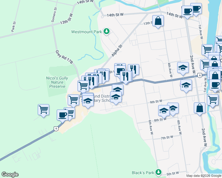 map of restaurants, bars, coffee shops, grocery stores, and more near 755 10th Street West in Owen Sound