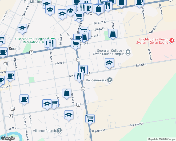 map of restaurants, bars, coffee shops, grocery stores, and more near in Owen Sound