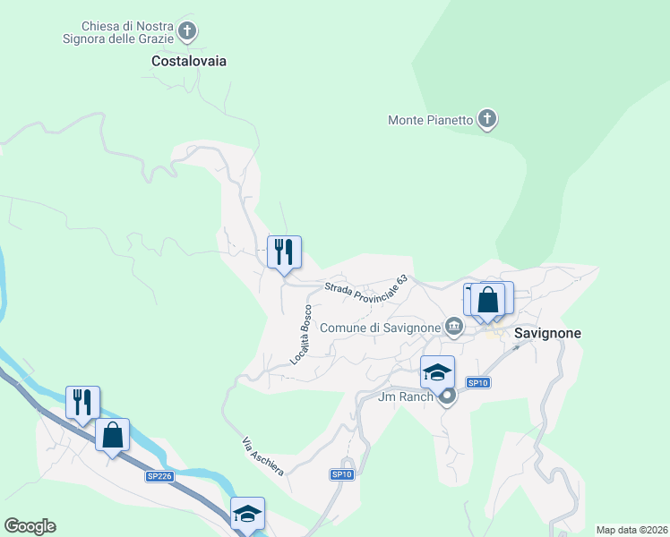 map of restaurants, bars, coffee shops, grocery stores, and more near 33 Via Carlo Garrè in Savignone