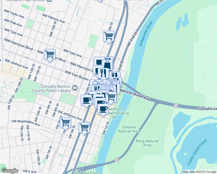map of restaurants, bars, coffee shops, grocery stores, and more near 257 Northwest Van Buren Avenue in Corvallis