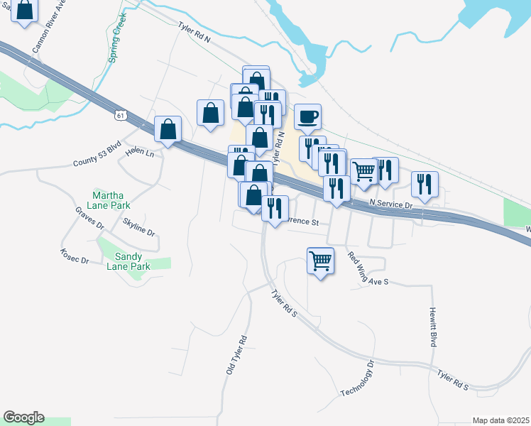 map of restaurants, bars, coffee shops, grocery stores, and more near 462 Tyler Road South in Red Wing
