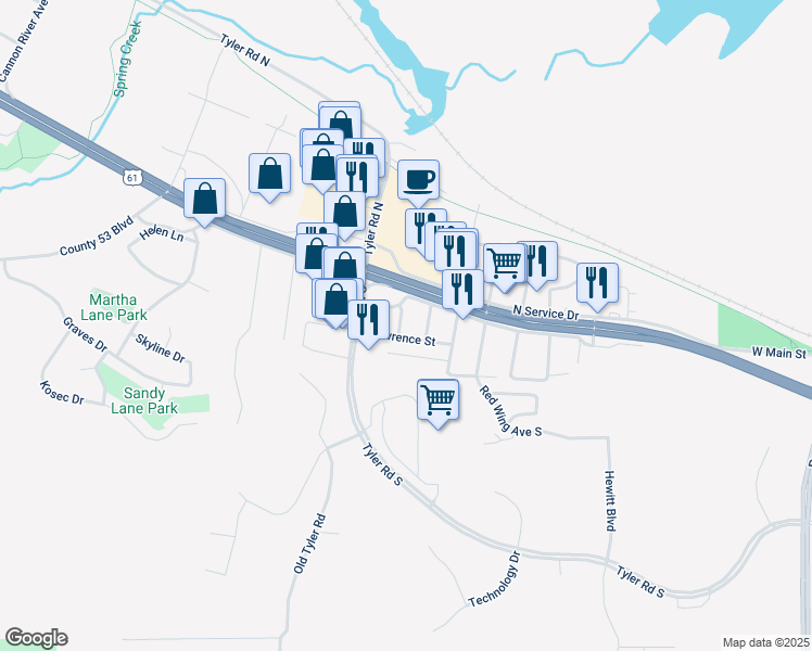 map of restaurants, bars, coffee shops, grocery stores, and more near 137 Vincent Avenue in Red Wing