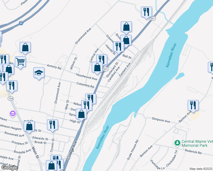 map of restaurants, bars, coffee shops, grocery stores, and more near 3 Canabas Avenue in Waterville