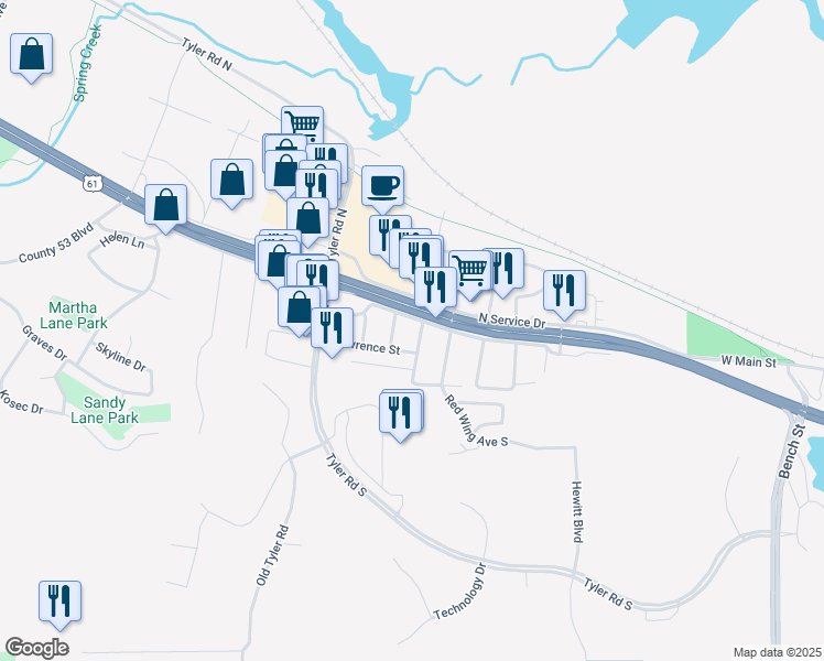 map of restaurants, bars, coffee shops, grocery stores, and more near 3039 South Service Drive in Red Wing