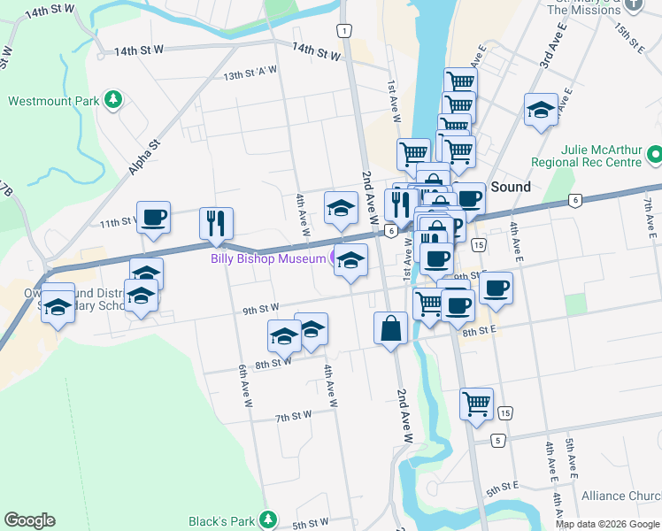 map of restaurants, bars, coffee shops, grocery stores, and more near 966 3rd Avenue West in Owen Sound