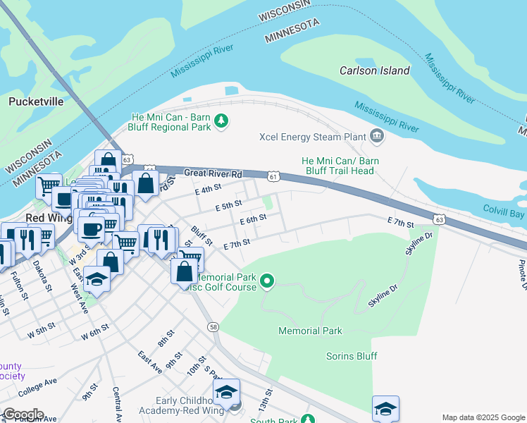 map of restaurants, bars, coffee shops, grocery stores, and more near 515 Green Street in Red Wing