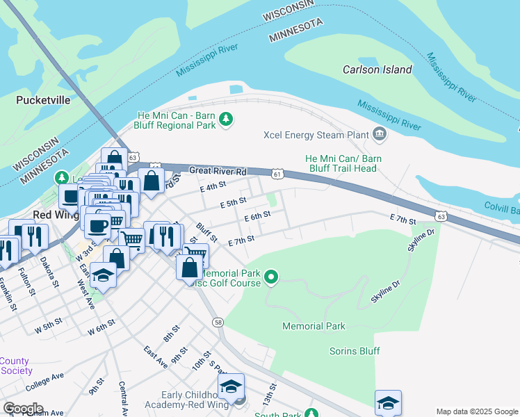 map of restaurants, bars, coffee shops, grocery stores, and more near 515 Green Street in Red Wing