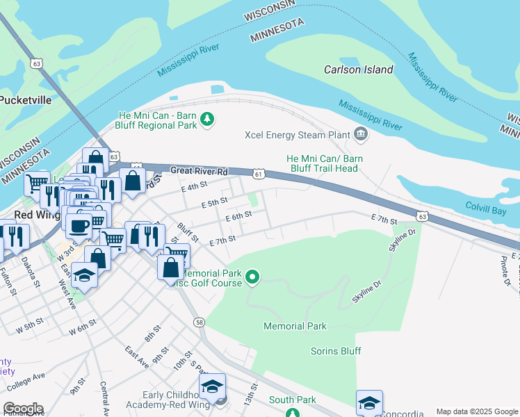 map of restaurants, bars, coffee shops, grocery stores, and more near 526 Centennial Street in Red Wing