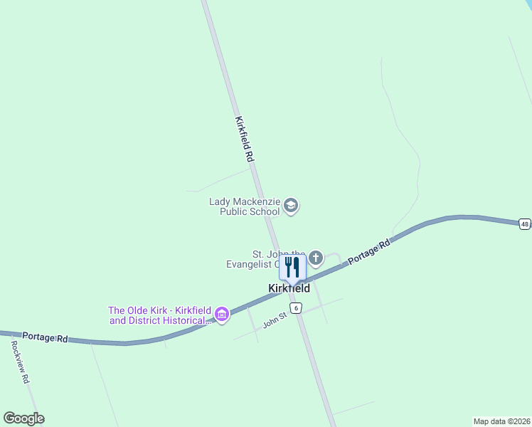map of restaurants, bars, coffee shops, grocery stores, and more near Kirkfield Road in Kawartha Lakes