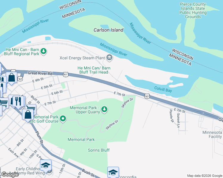 map of restaurants, bars, coffee shops, grocery stores, and more near 550 East 7th Street in Red Wing
