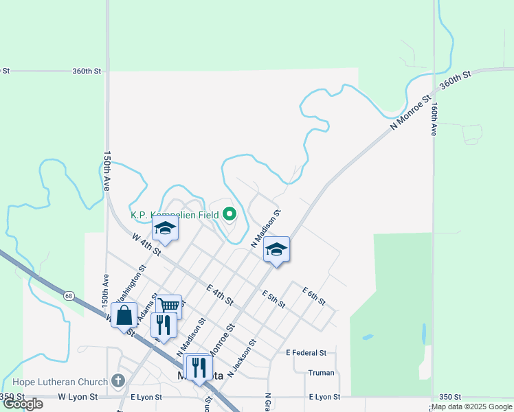 map of restaurants, bars, coffee shops, grocery stores, and more near 700 North Jefferson Street in Minneota