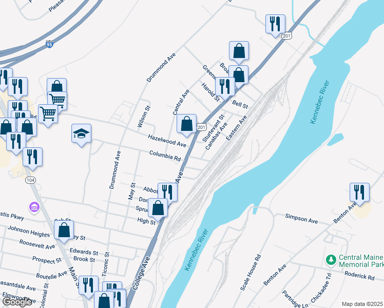 map of restaurants, bars, coffee shops, grocery stores, and more near 120 College Avenue in Waterville