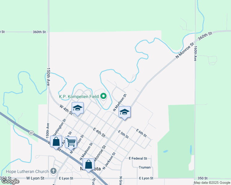 map of restaurants, bars, coffee shops, grocery stores, and more near 700 North Jefferson Street in Minneota