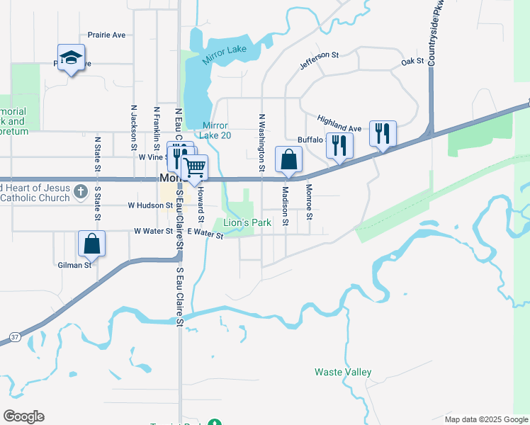 map of restaurants, bars, coffee shops, grocery stores, and more near 210 South Washington Street in Mondovi