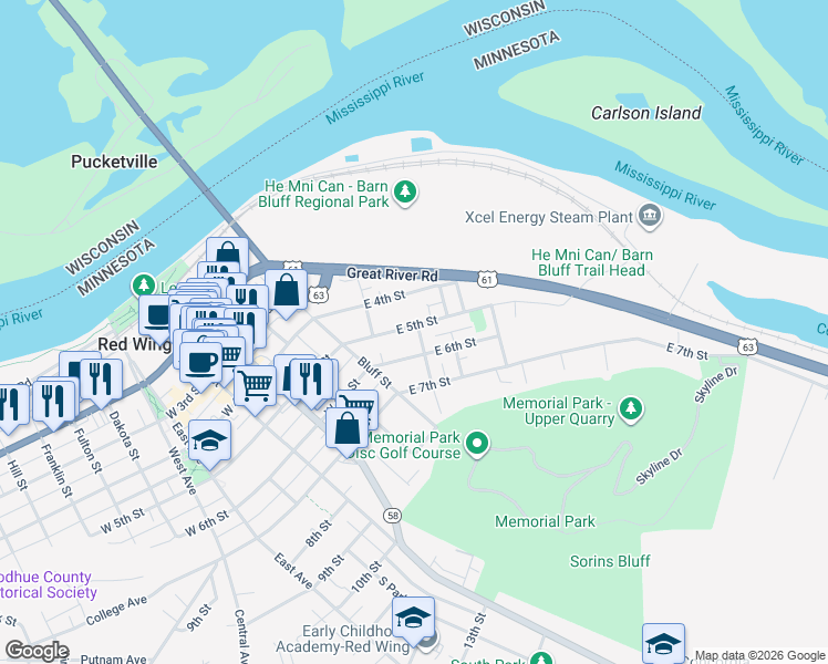 map of restaurants, bars, coffee shops, grocery stores, and more near 241 East 5th Street in Red Wing