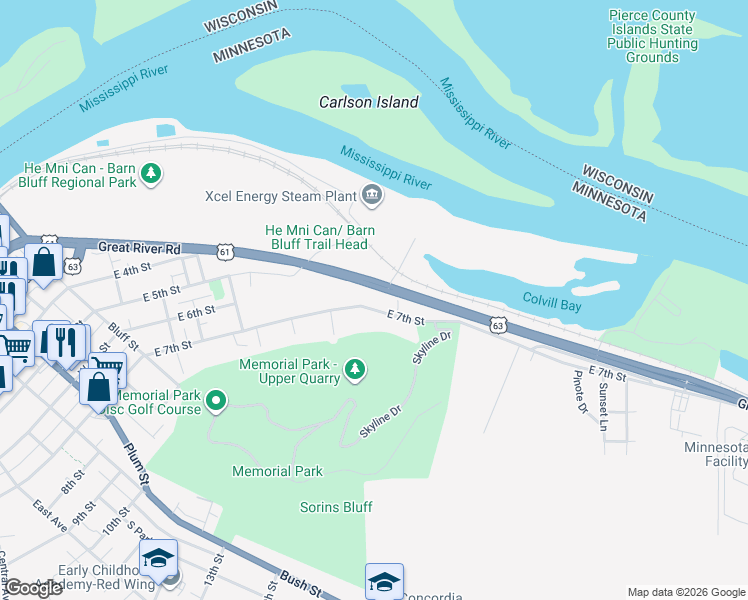 map of restaurants, bars, coffee shops, grocery stores, and more near 550 East 7th Street in Red Wing