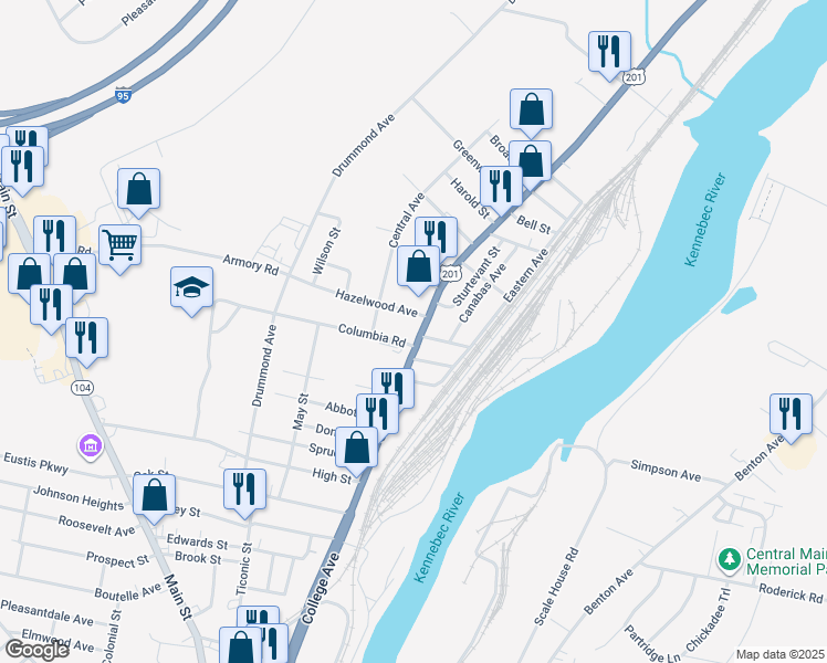 map of restaurants, bars, coffee shops, grocery stores, and more near 120 College Avenue in Waterville