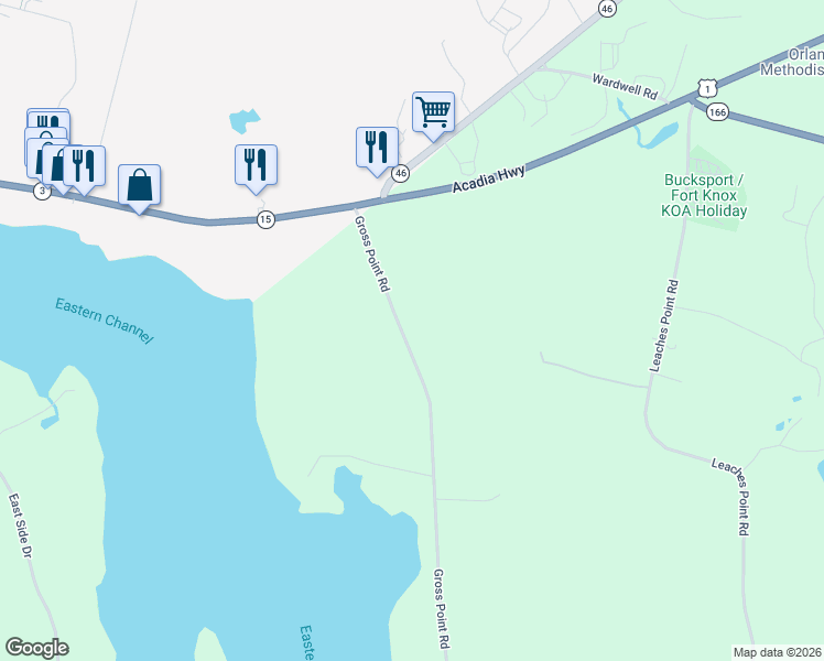 map of restaurants, bars, coffee shops, grocery stores, and more near 54 Gross Point Road in Orland
