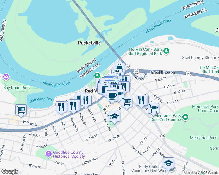 map of restaurants, bars, coffee shops, grocery stores, and more near 314 Main Street in Red Wing