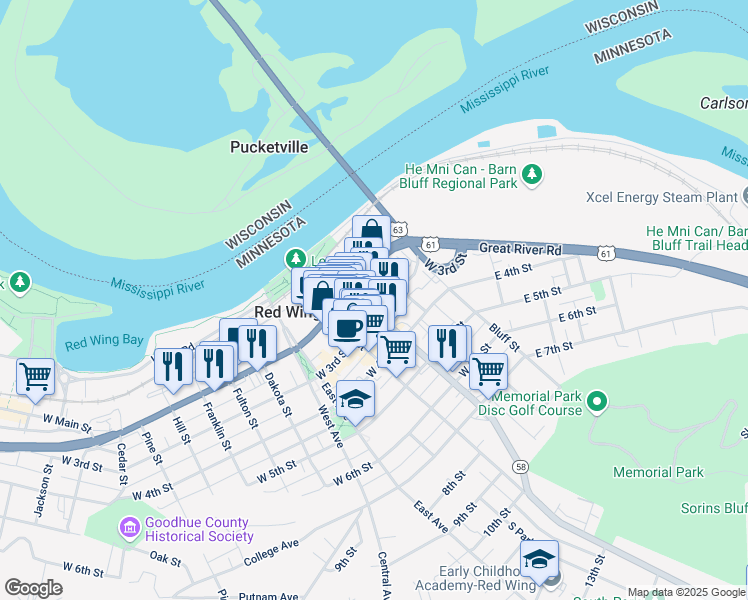 map of restaurants, bars, coffee shops, grocery stores, and more near 213 Plum Street in Red Wing