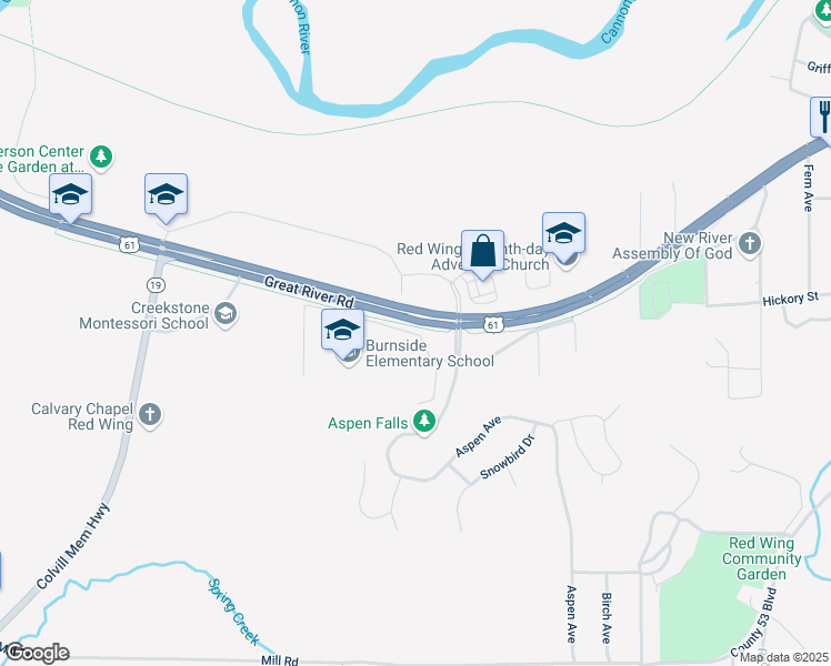 map of restaurants, bars, coffee shops, grocery stores, and more near 5001 Learning Lane in Red Wing