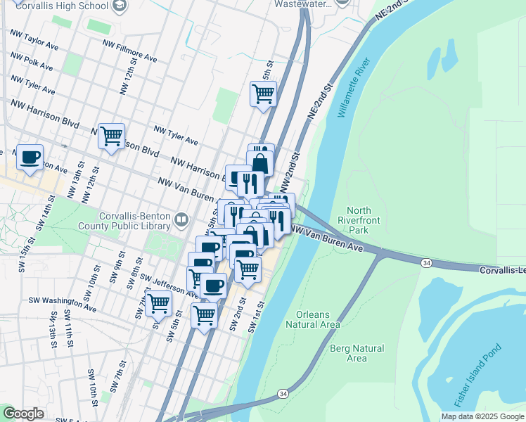 map of restaurants, bars, coffee shops, grocery stores, and more near 257 Northwest Van Buren Avenue in Corvallis