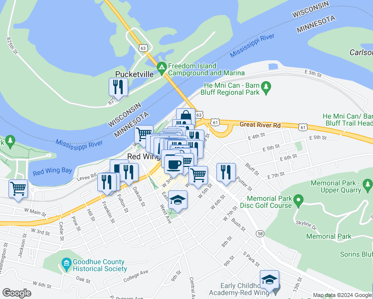 map of restaurants, bars, coffee shops, grocery stores, and more near 213 Plum Street in Red Wing