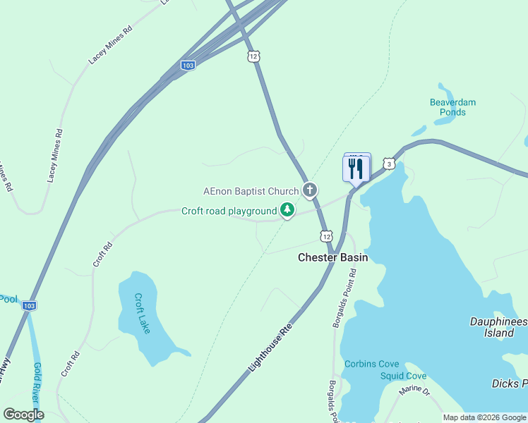 map of restaurants, bars, coffee shops, grocery stores, and more near 52 Croft Road in Chester Basin