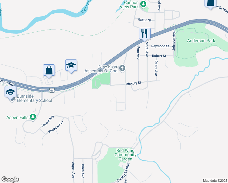map of restaurants, bars, coffee shops, grocery stores, and more near 313 Charlson Drive in Red Wing