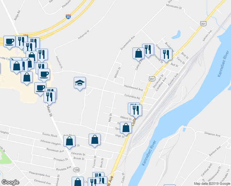 map of restaurants, bars, coffee shops, grocery stores, and more near 22 Columbia Road in Waterville