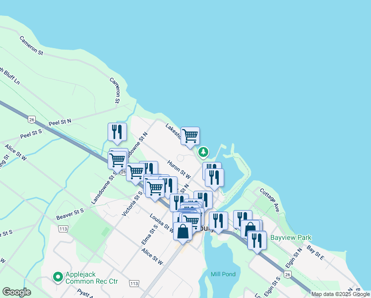 map of restaurants, bars, coffee shops, grocery stores, and more near 76-60 Bay Street West in Thornbury